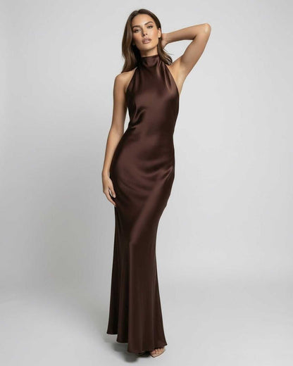 Amelia | Robe maxi en satin pour femme, taille haute, col halter