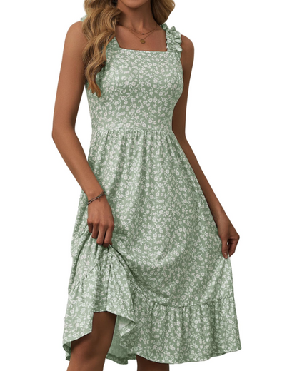 Armenia Robe Midi Femme – Robe Été Col Carré à Bretelles Élastiques, Coupe A-Line Fluide avec Volants