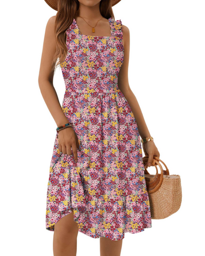 Armenia Robe Midi Femme – Robe Été Col Carré à Bretelles Élastiques, Coupe A-Line Fluide avec Volants