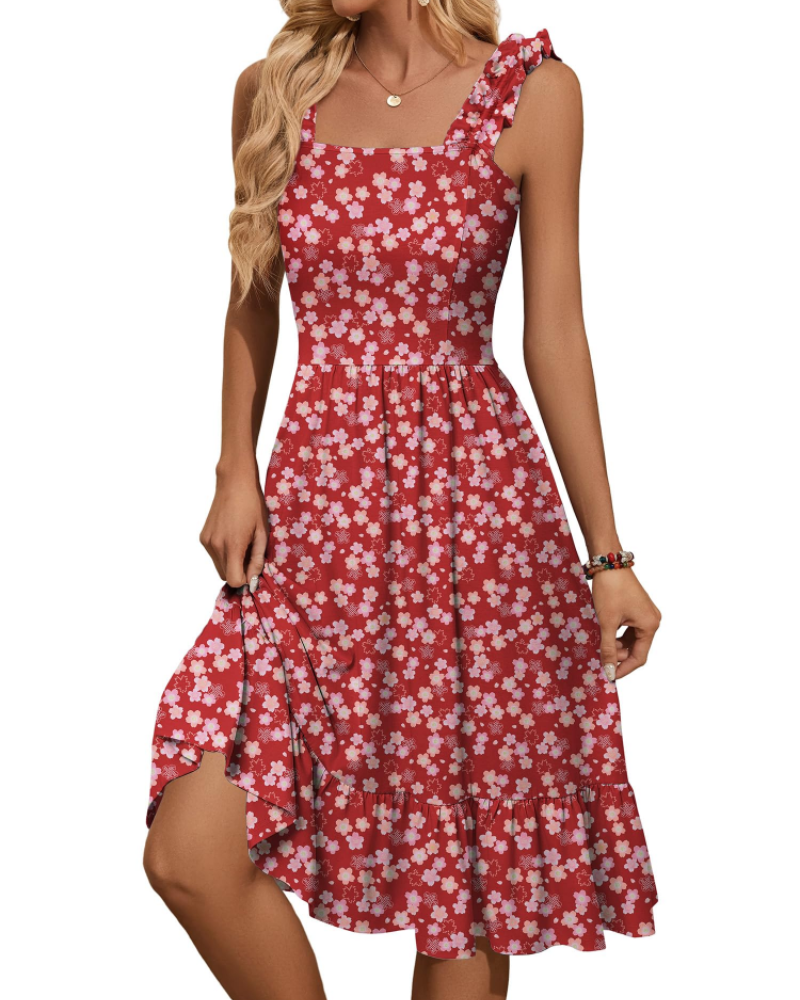 Armenia Robe Midi Femme – Robe Été Col Carré à Bretelles Élastiques, Coupe A-Line Fluide avec Volants