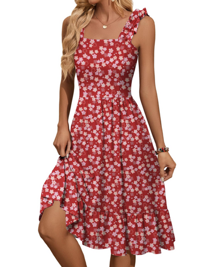 Armenia Robe Midi Femme – Robe Été Col Carré à Bretelles Élastiques, Coupe A-Line Fluide avec Volants