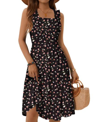 Armenia Robe Midi Femme – Robe Été Col Carré à Bretelles Élastiques, Coupe A-Line Fluide avec Volants