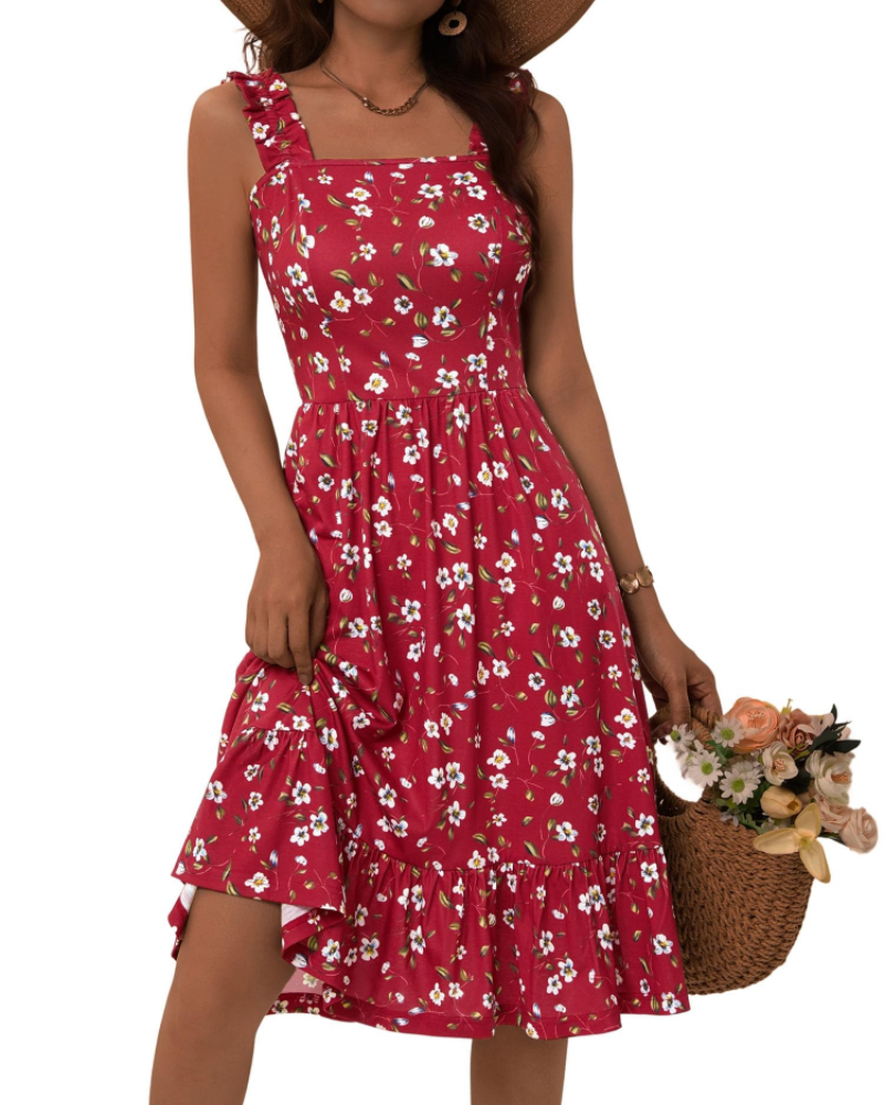 Armenia Robe Midi Femme – Robe Été Col Carré à Bretelles Élastiques, Coupe A-Line Fluide avec Volants