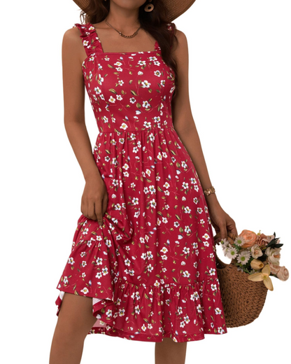 Armenia Robe Midi Femme – Robe Été Col Carré à Bretelles Élastiques, Coupe A-Line Fluide avec Volants