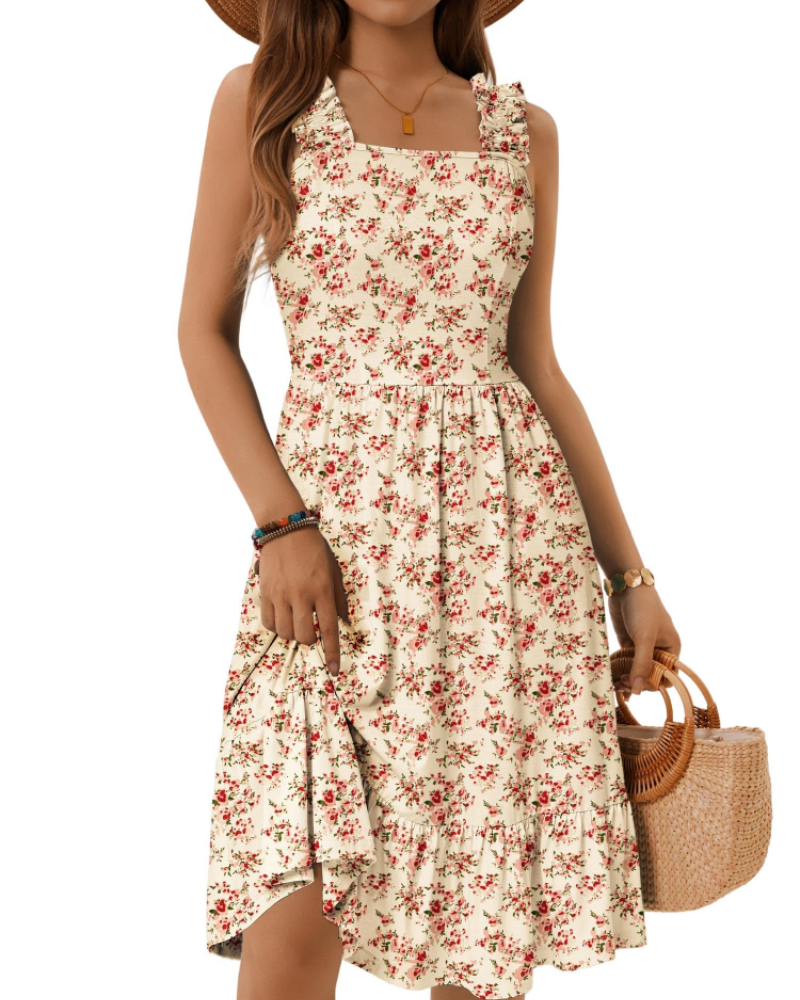 Armenia Robe Midi Femme – Robe Été Col Carré à Bretelles Élastiques, Coupe A-Line Fluide avec Volants