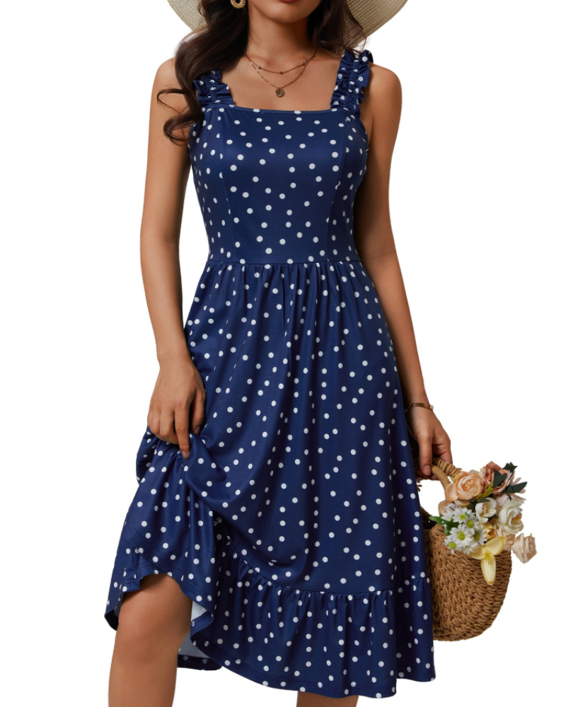 Armenia Robe Midi Femme – Robe Été Col Carré à Bretelles Élastiques, Coupe A-Line Fluide avec Volants