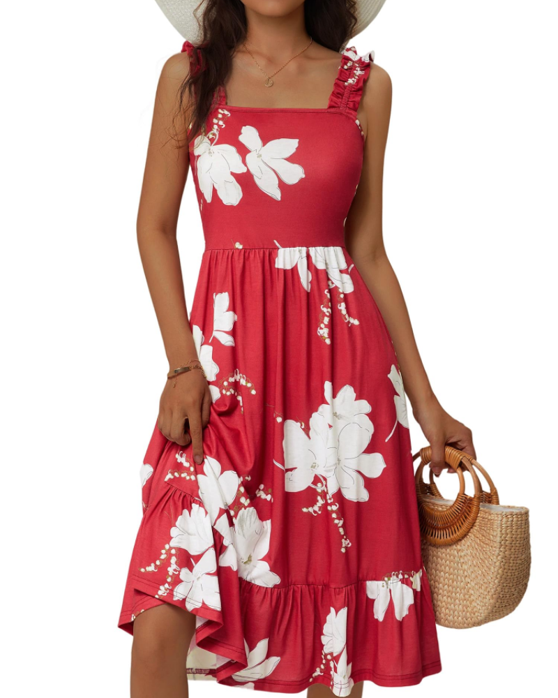 Armenia Robe Midi Femme – Robe Été Col Carré à Bretelles Élastiques, Coupe A-Line Fluide avec Volants