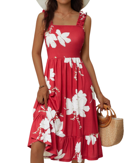 Armenia Robe Midi Femme – Robe Été Col Carré à Bretelles Élastiques, Coupe A-Line Fluide avec Volants