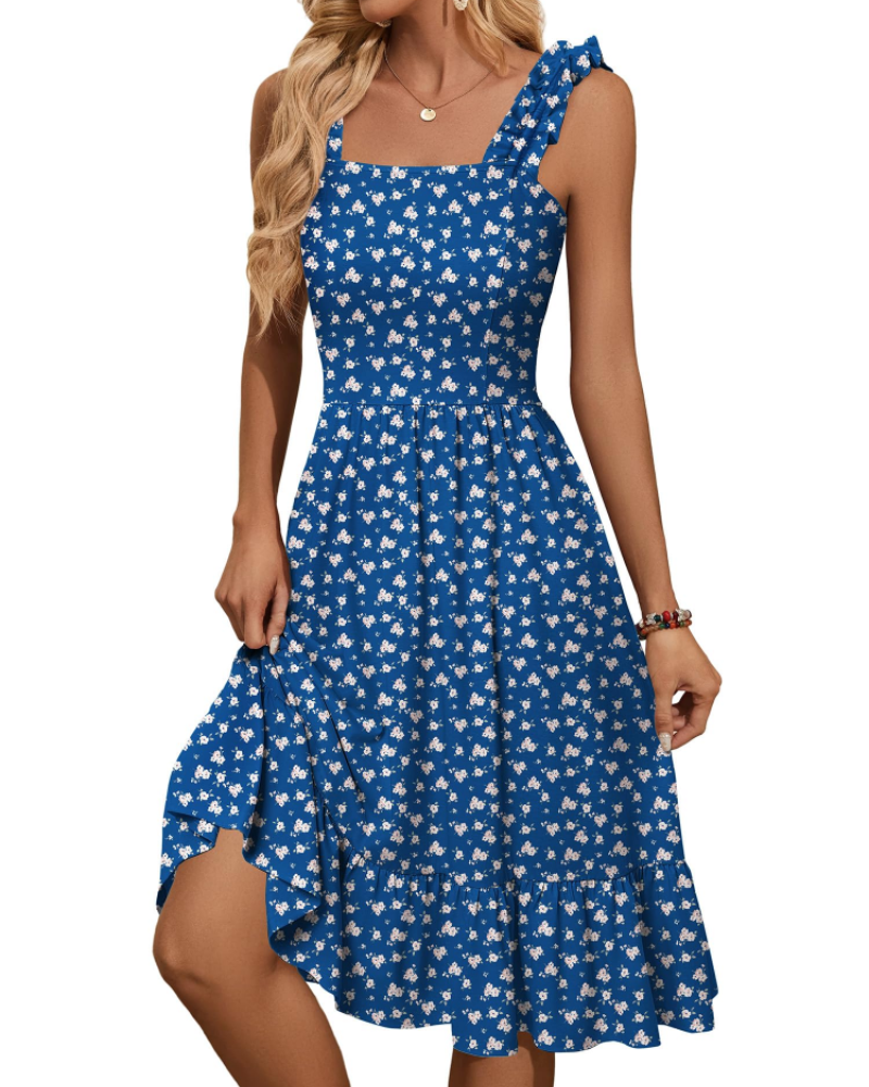 Armenia Robe Midi Femme – Robe Été Col Carré à Bretelles Élastiques, Coupe A-Line Fluide avec Volants