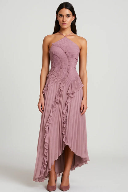 Robe Longue Femme à Col Halter – Tissu Plissé Fluide