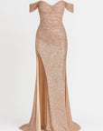 Robe de Soirée Femme à Paillettes – Épaules Dénudées et Fente Haute