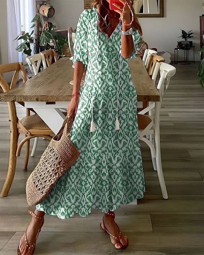 Bianca | Robe maxi bohème imprimée à col en V pour femme