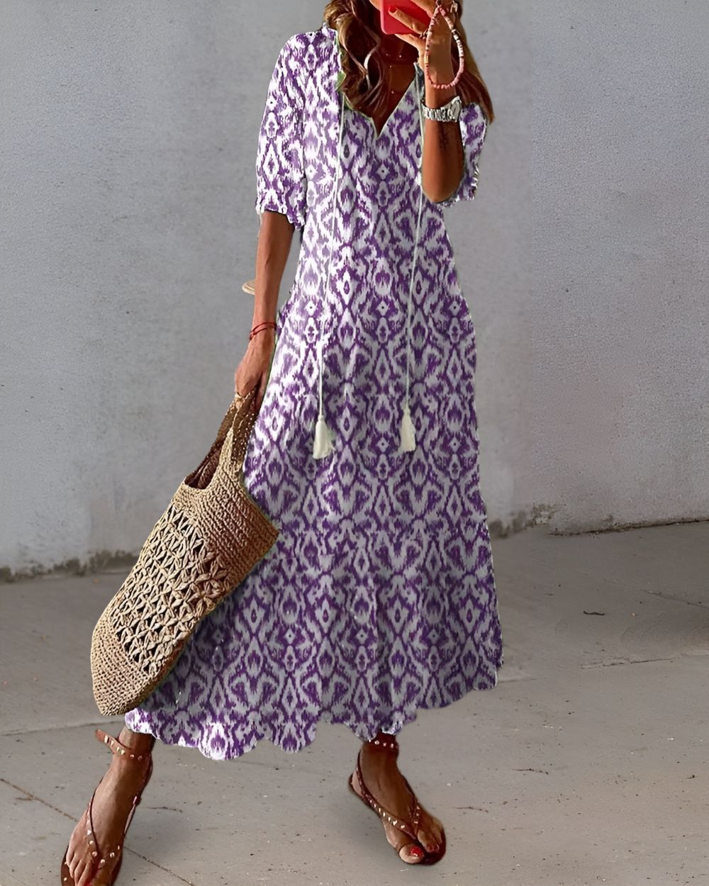 Bianca | Robe maxi bohème imprimée à col en V pour femme