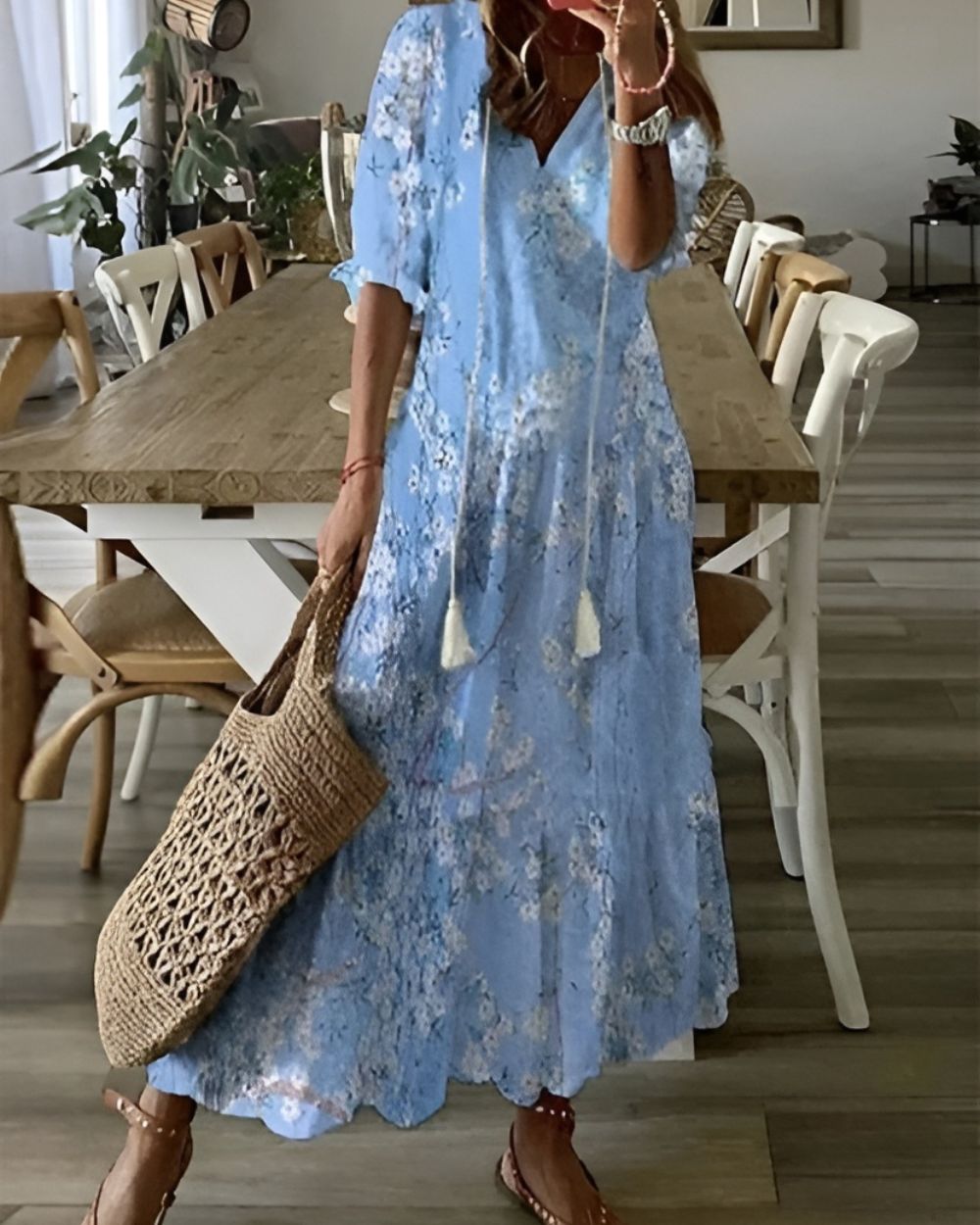 Bianca | Robe maxi bohème imprimée à col en V pour femme
