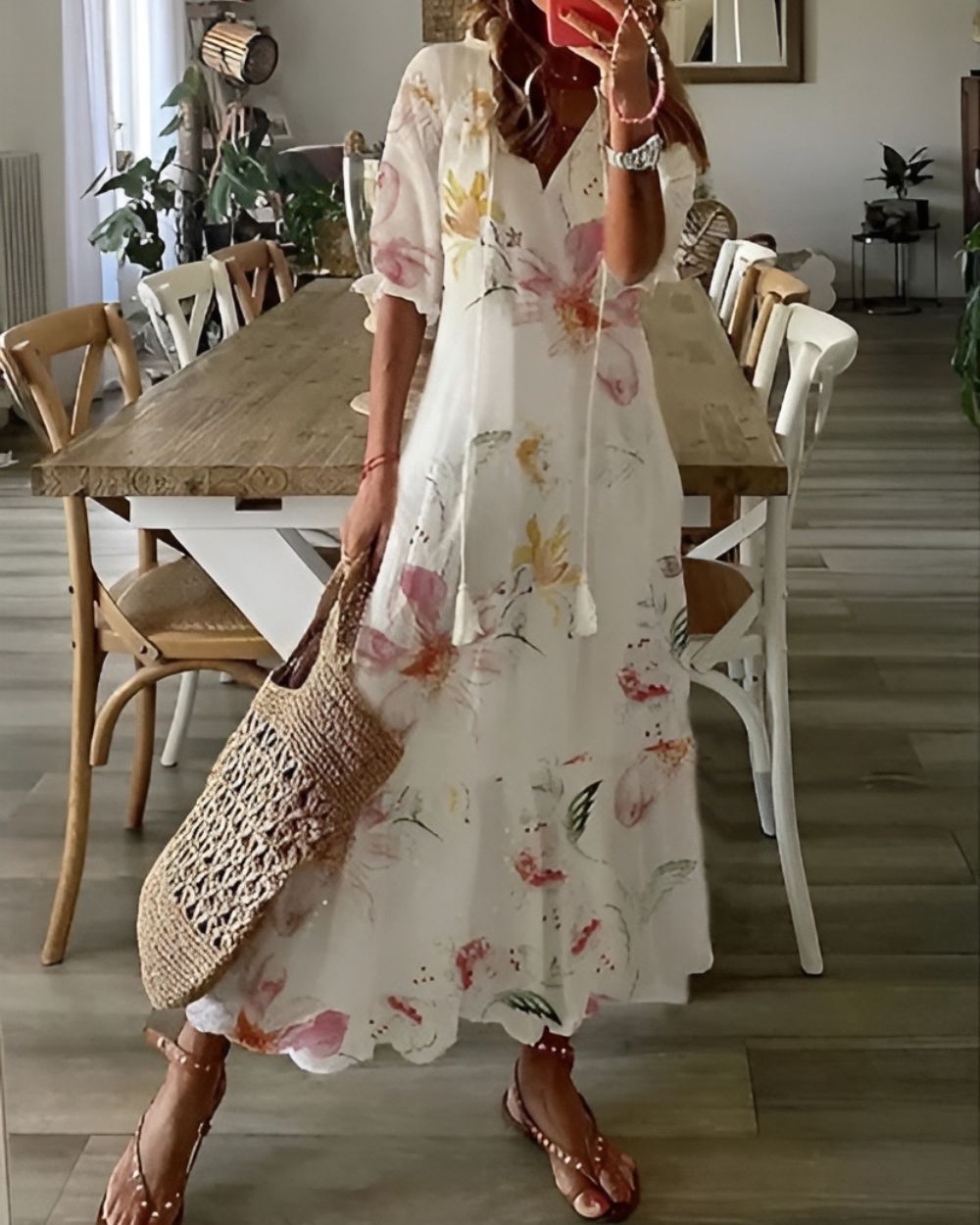 Bianca | Robe maxi bohème imprimée à col en V pour femme