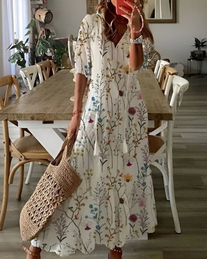 Bianca | Robe maxi bohème imprimée à col en V pour femme