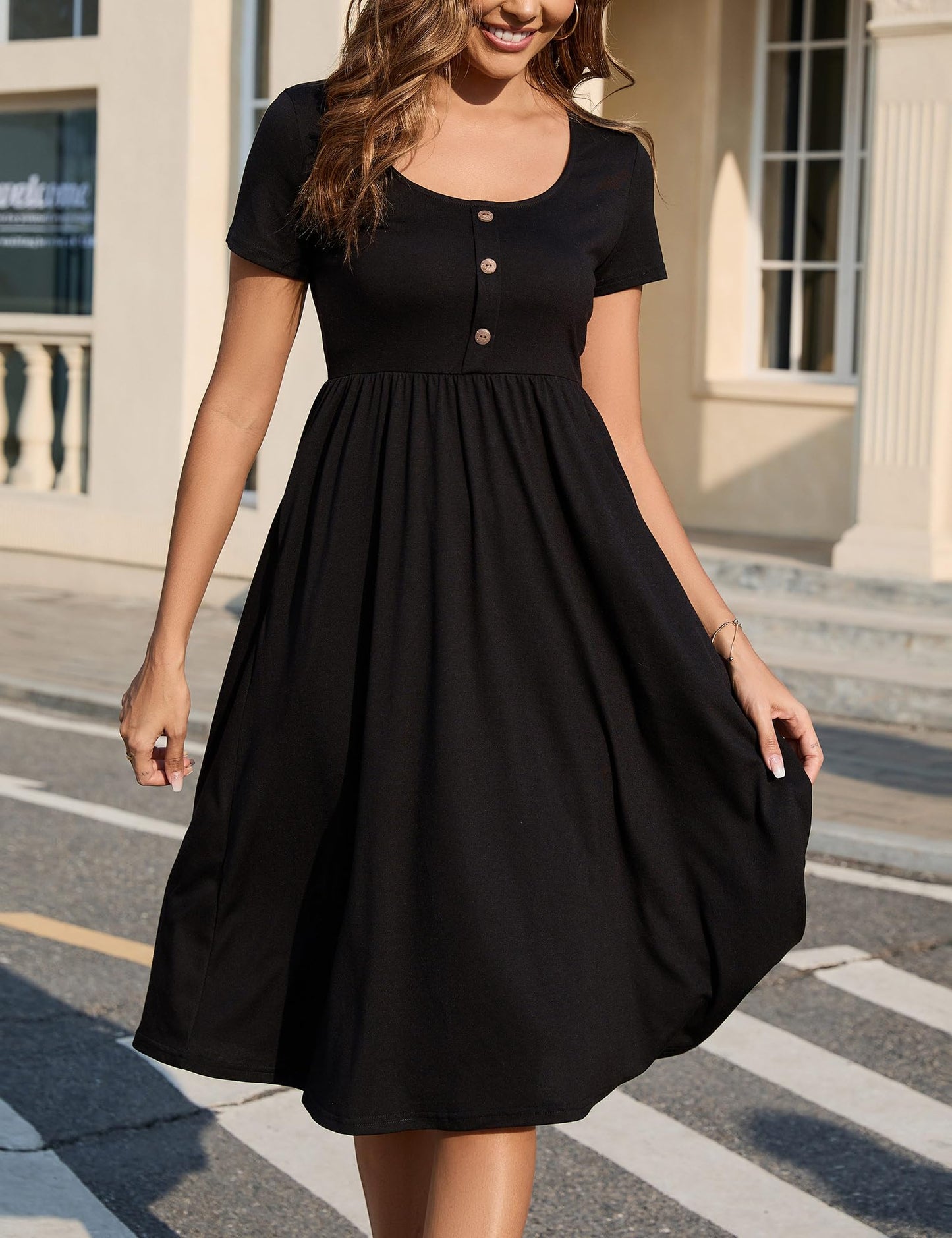 Robe Midi Femme en stretch, col rond, coupe fluide – Menvelo