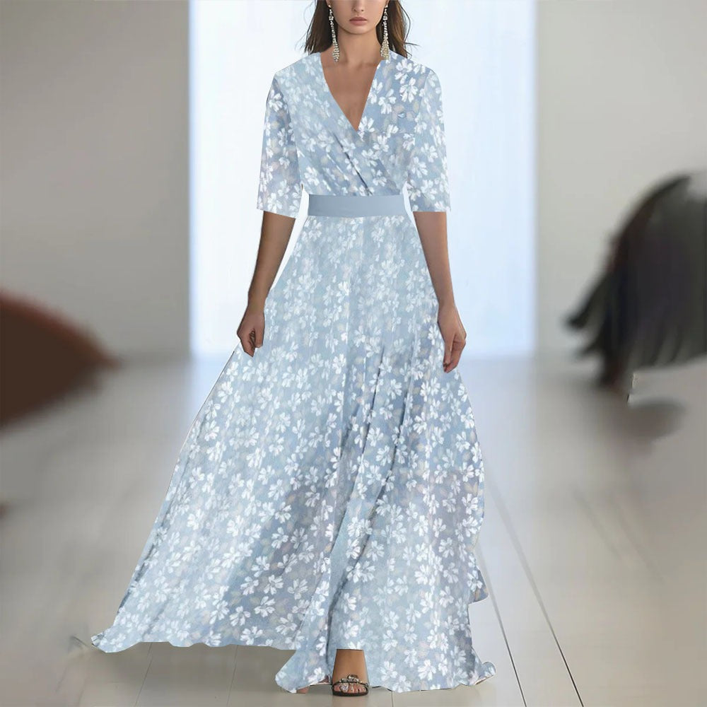 Robe Maxi Fleurie Femme – Col V Taille Ajustée