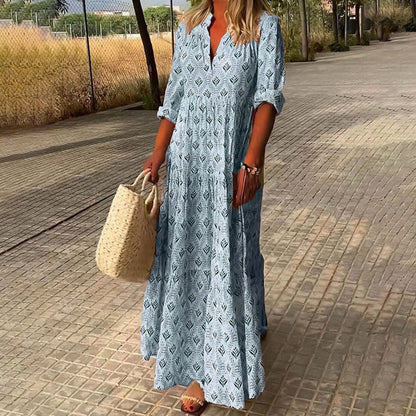 Robe Longue Femme Bohème Col V – Coupe Ample Manches Mi-Longues Légère