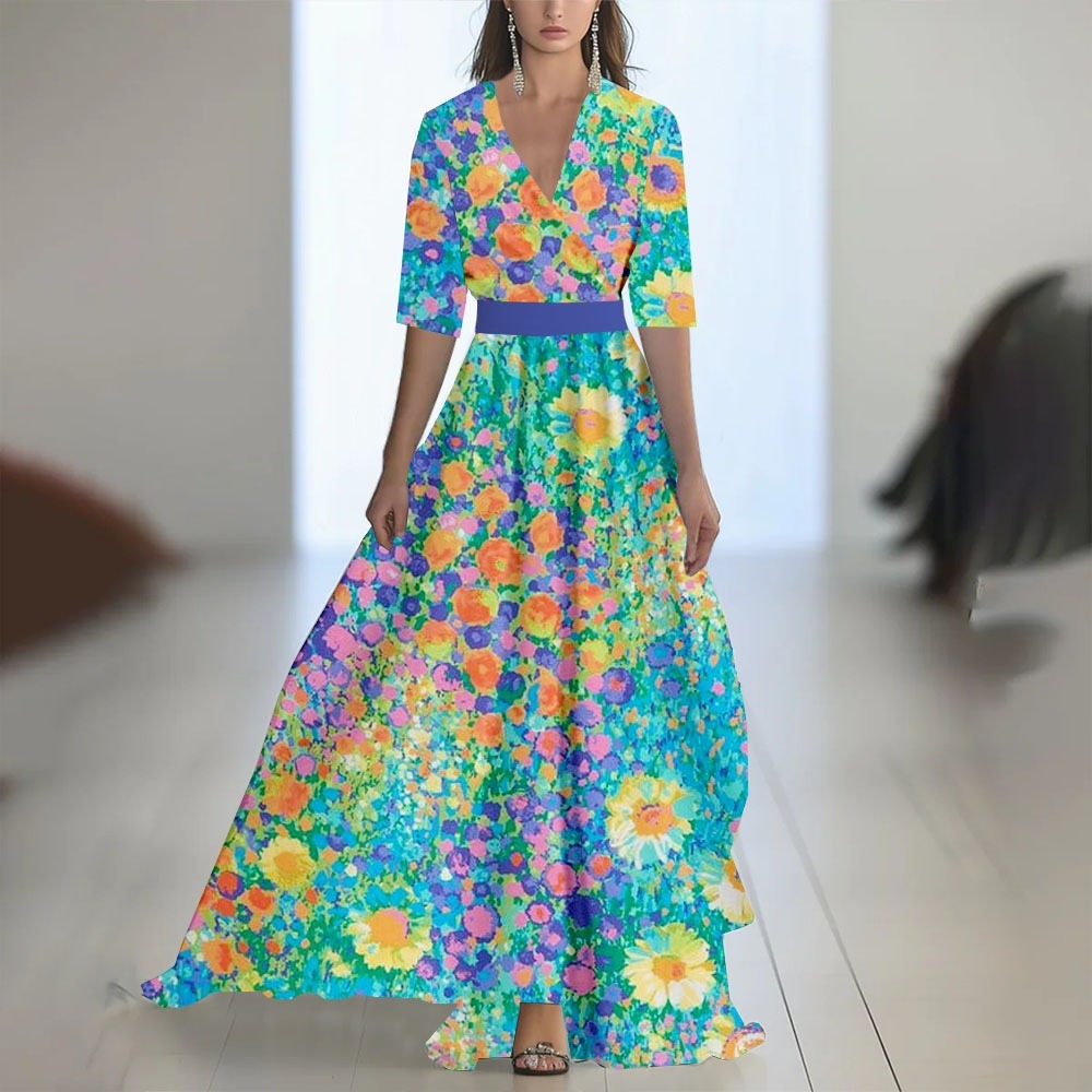 Robe Maxi Fleurie Femme – Col V Taille Ajustée
