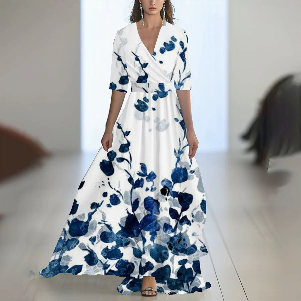 Robe Maxi Fleurie Femme – Col V Taille Ajustée