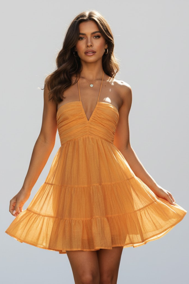 Robe Mini Femme en tissu léger, col V, coupe fluide – Menvelo