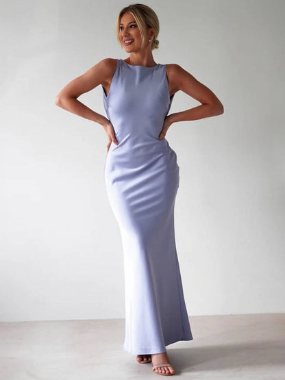 Yvette Robe de Soirée Femme – Longue Robe Sans Manches avec Dos Ouvert & Col Rond pour Gala