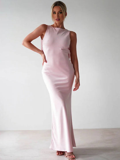 Yvette Robe de Soirée Femme – Longue Robe Sans Manches avec Dos Ouvert & Col Rond pour Gala