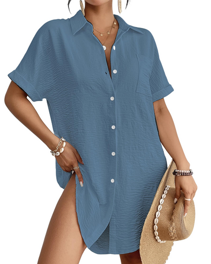 Camille Robe Chemise Plage Femme – Cover-Up Boutonné Col Chemise, Coupe Légère & Polyvalente Été