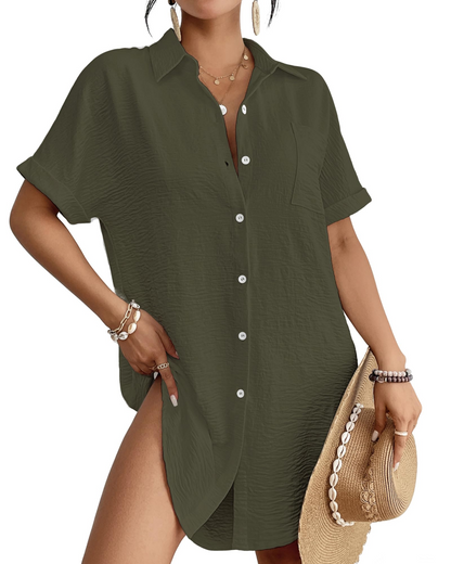 Camille Robe Chemise Plage Femme – Cover-Up Boutonné Col Chemise, Coupe Légère & Polyvalente Été
