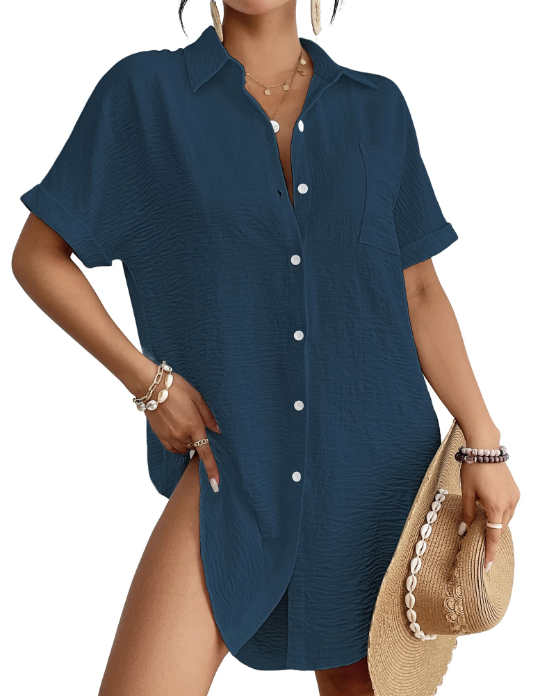 Camille Robe Chemise Plage Femme – Cover-Up Boutonné Col Chemise, Coupe Légère & Polyvalente Été