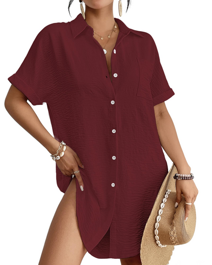 Camille Robe Chemise Plage Femme – Cover-Up Boutonné Col Chemise, Coupe Légère & Polyvalente Été