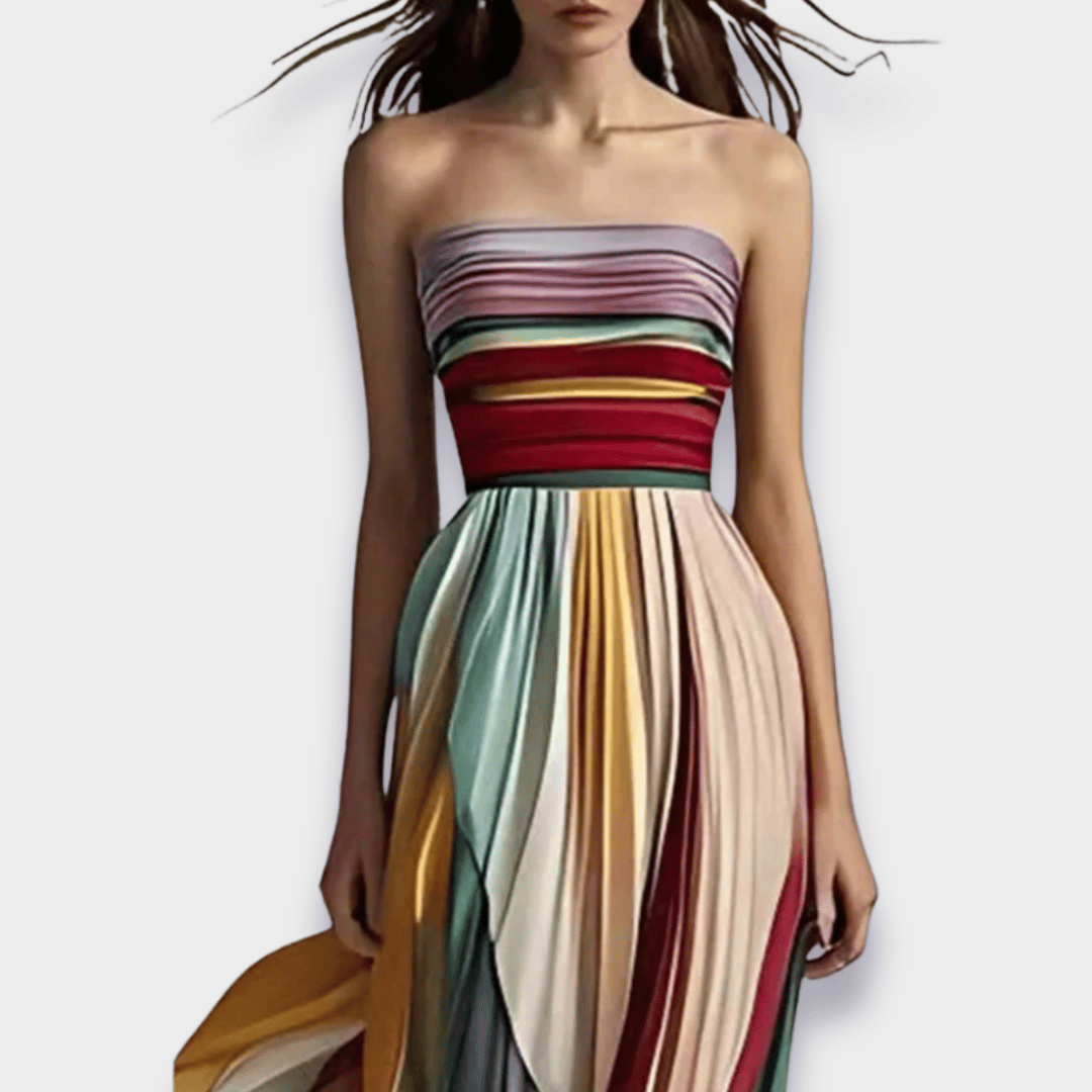Catherine | Robe maxi plissée sans bretelles à blocs de couleurs pour femme