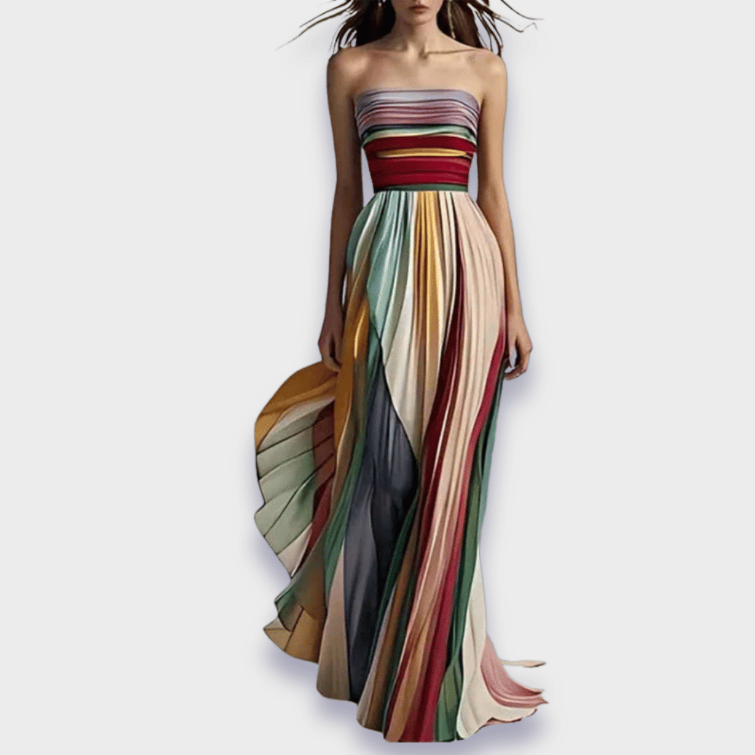 Catherine | Robe maxi plissée sans bretelles à blocs de couleurs pour femme