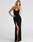 Robe Maxi Moulante Femme à Fente – Col V Sans Bretelles Fente Haute Latérale