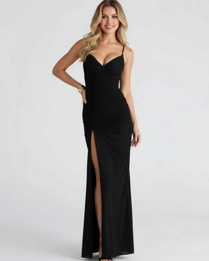 Robe Maxi Moulante Femme à Fente – Col V Sans Bretelles Fente Haute Latérale