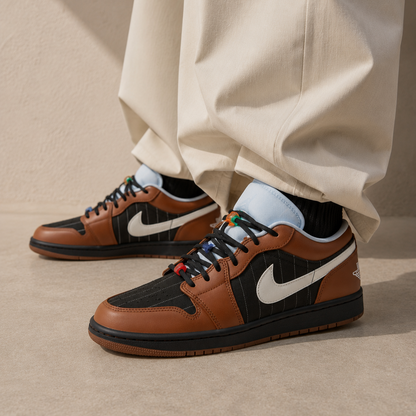 Air Jordan 1 Low Pinstripes Black Light Orewood Brown baskets basses homme et femme en cuir noir marron, détail tige