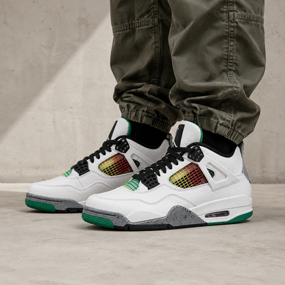 Air Jordan 4 Lucid Green Rasta baskets homme et femme en cuir vert, détail tige