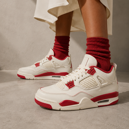 Air Jordan 4 Valentine's Day Sierra Red baskets homme et femme en cuir rouge, détail tige