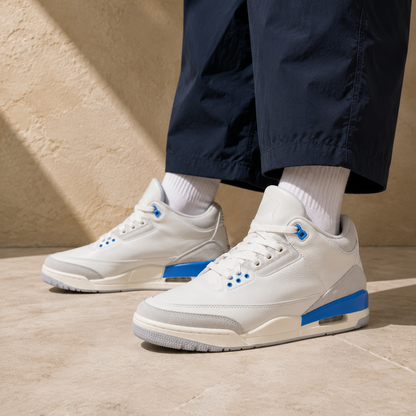 Air Jordan 3 Lucky Shorts baskets homme et femme en daim blanc bleu, vue de dessus