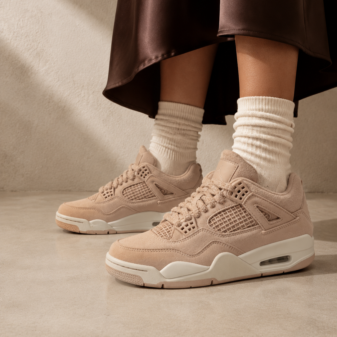 Air Jordan 4 Cozy Girl baskets homme et femme en cuir beige, détail tige