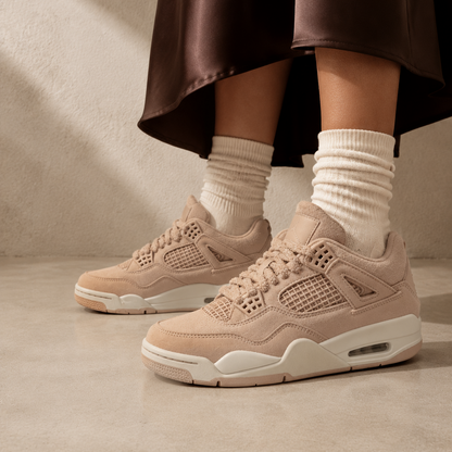 Air Jordan 4 Cozy Girl baskets homme et femme en cuir beige, détail tige