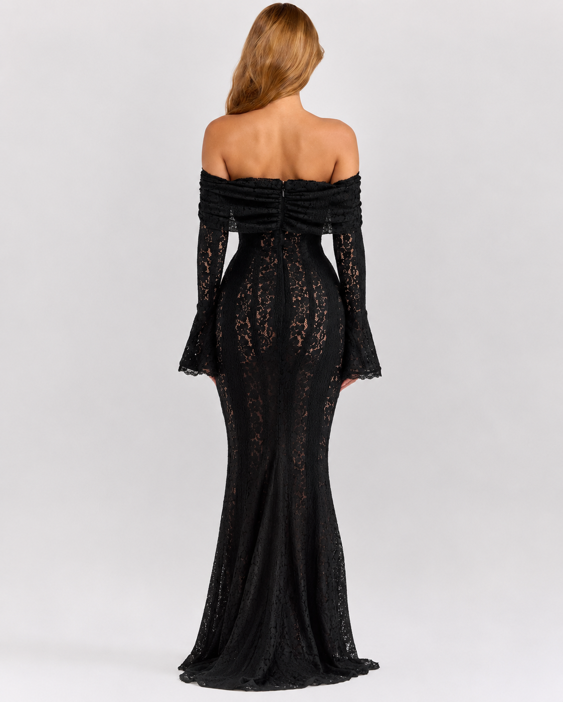 Robe Longue Femme en Dentelle – Coupe Sirène Épaules Dénudées