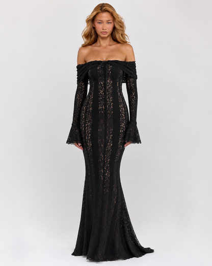 Robe Longue Femme en Dentelle – Coupe Sirène Épaules Dénudées