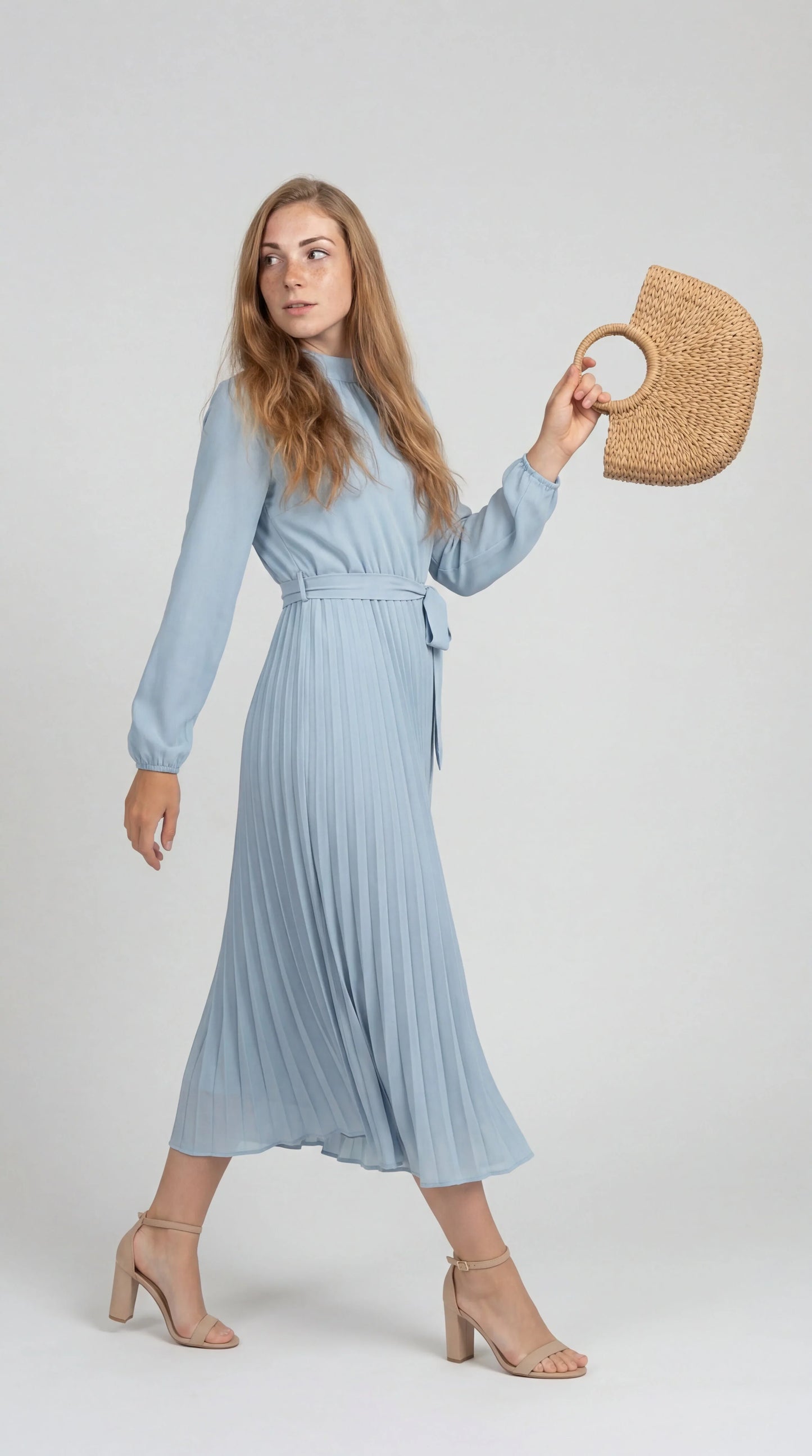 Robe Midi Plissée Femme – Ceinture à Nouer Col Montant Manches Longues