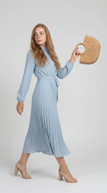 Robe Midi Plissée Femme – Ceinture à Nouer Col Montant Manches Longues