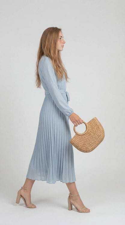 Robe Midi Plissée Femme – Ceinture à Nouer Col Montant Manches Longues