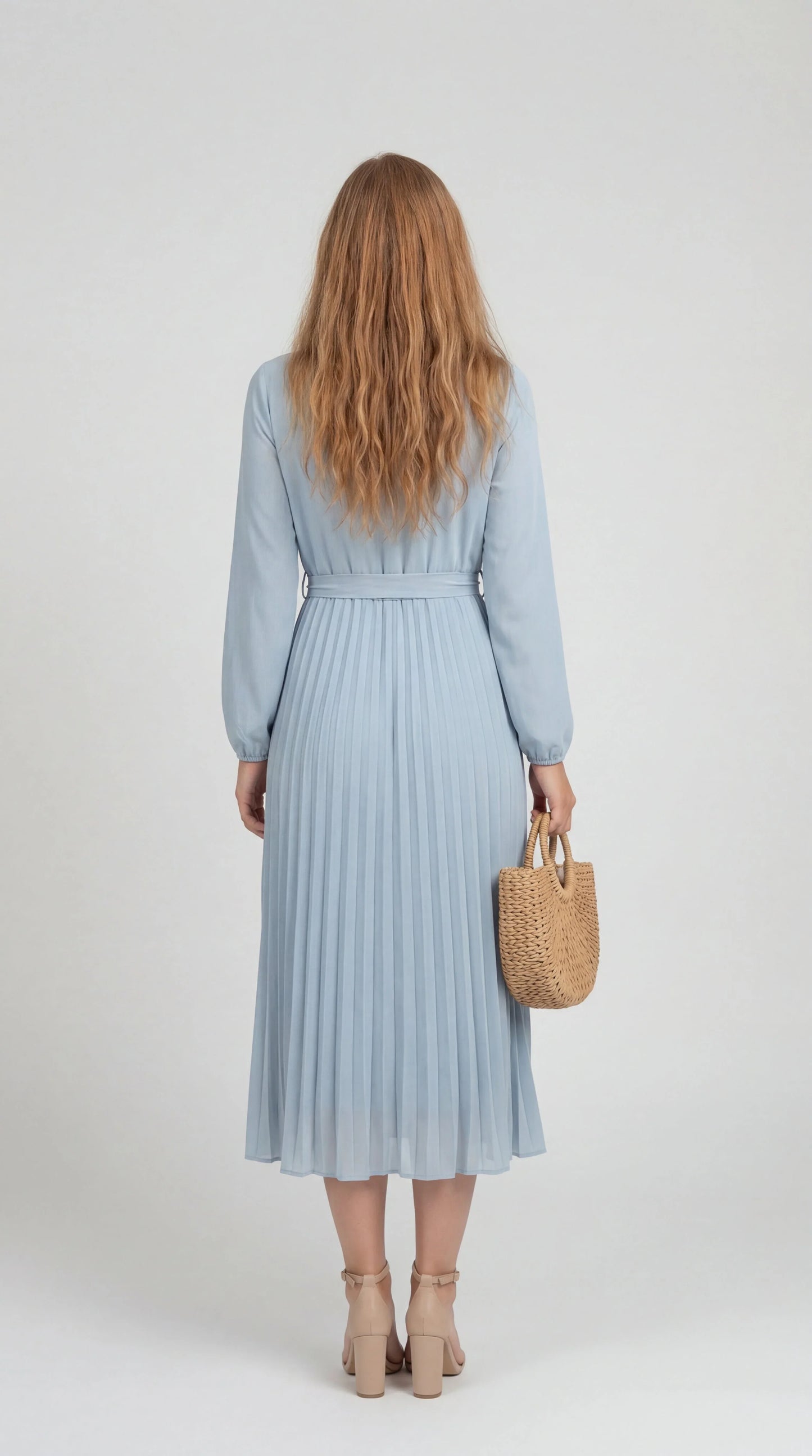 Robe Midi Plissée Femme – Ceinture à Nouer Col Montant Manches Longues