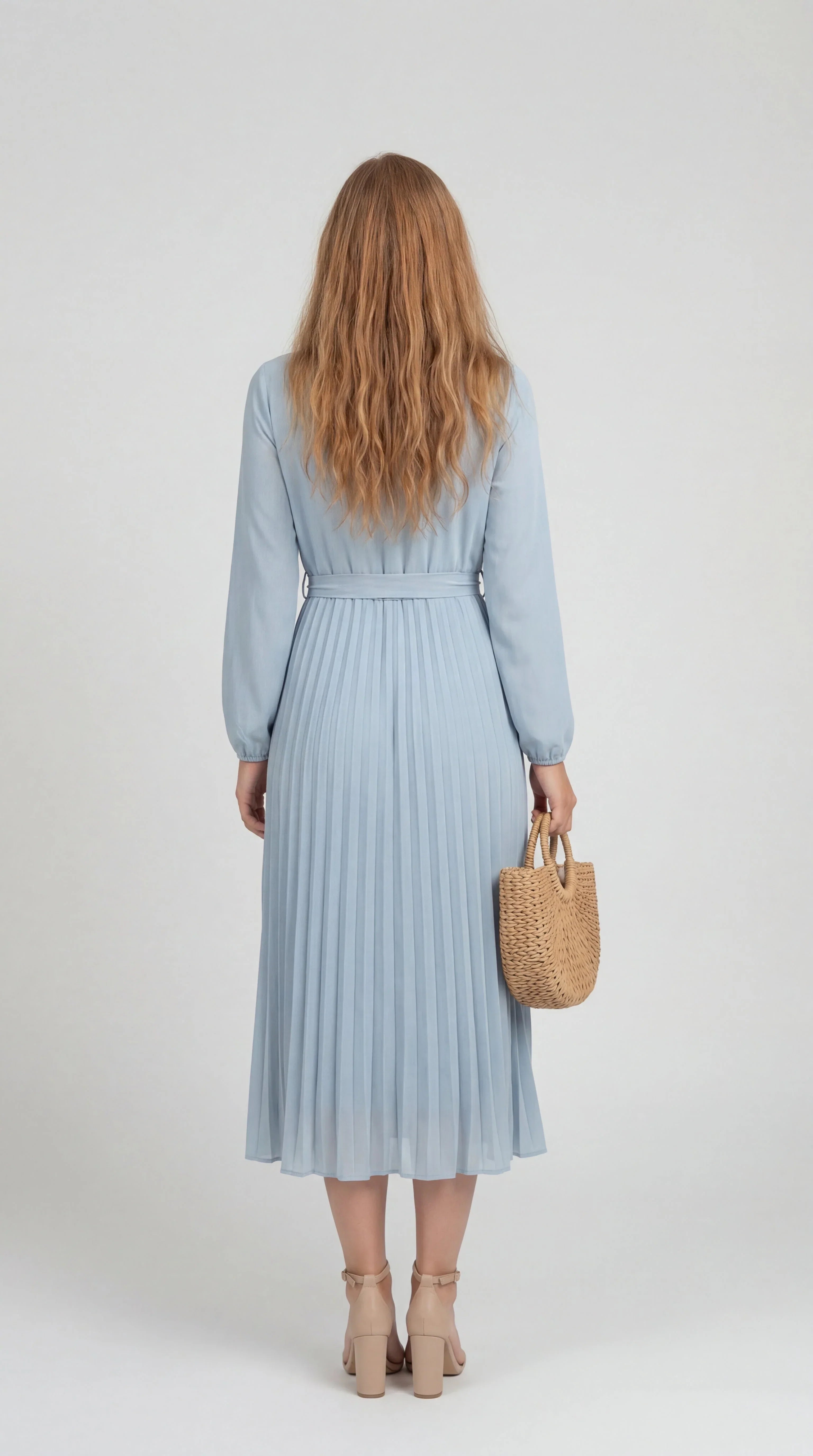 Robe Midi Plissée Femme – Ceinture à Nouer Col Montant Manches Longues