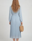 Robe Midi Plissée Femme – Ceinture à Nouer Col Montant Manches Longues